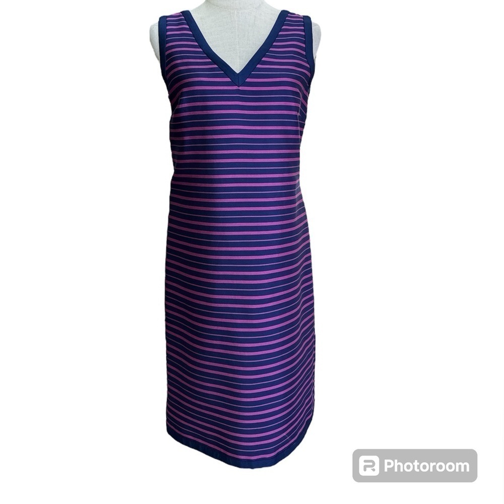 Talbots Pink Blue Striped Cotton Silk Blend Classic V Neck Sheath Dress Size 6
